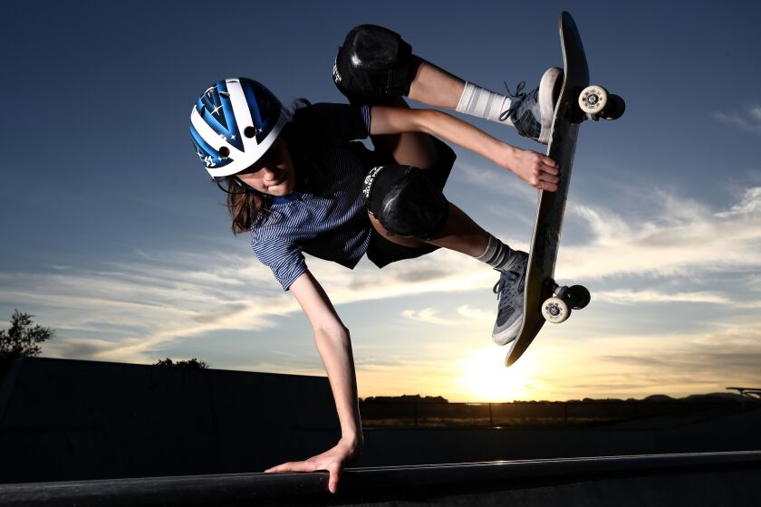 NAPA, CALIFORNIA - JUNE 03: 14-year-old Olympic hopeful skateboarder Minna Stess trains at a skatepark.