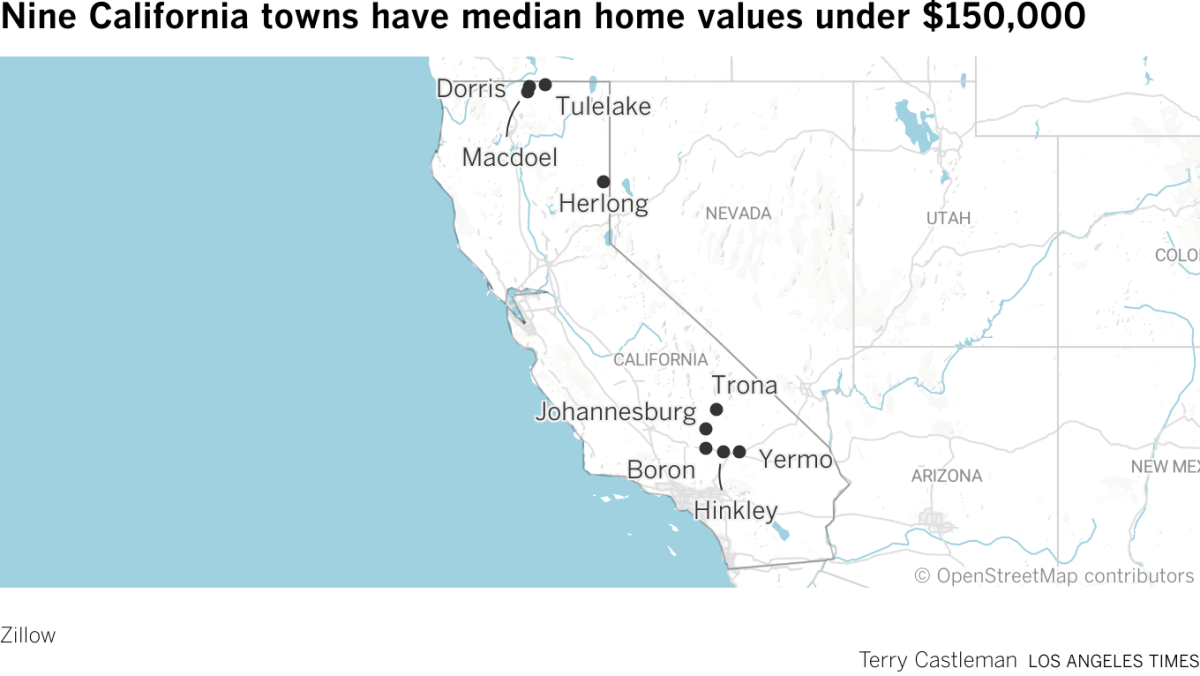Map of California shows the towns where home values are lowest.
