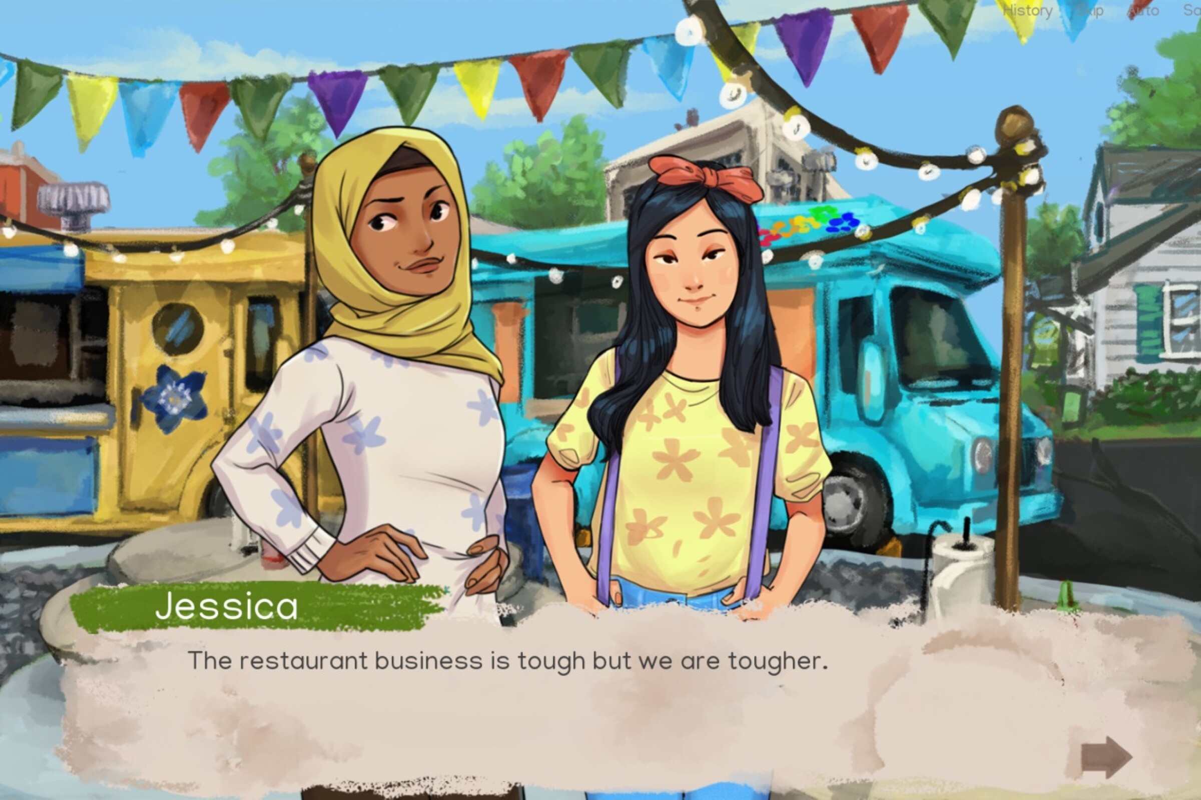 An illustration of two young women and food trucks