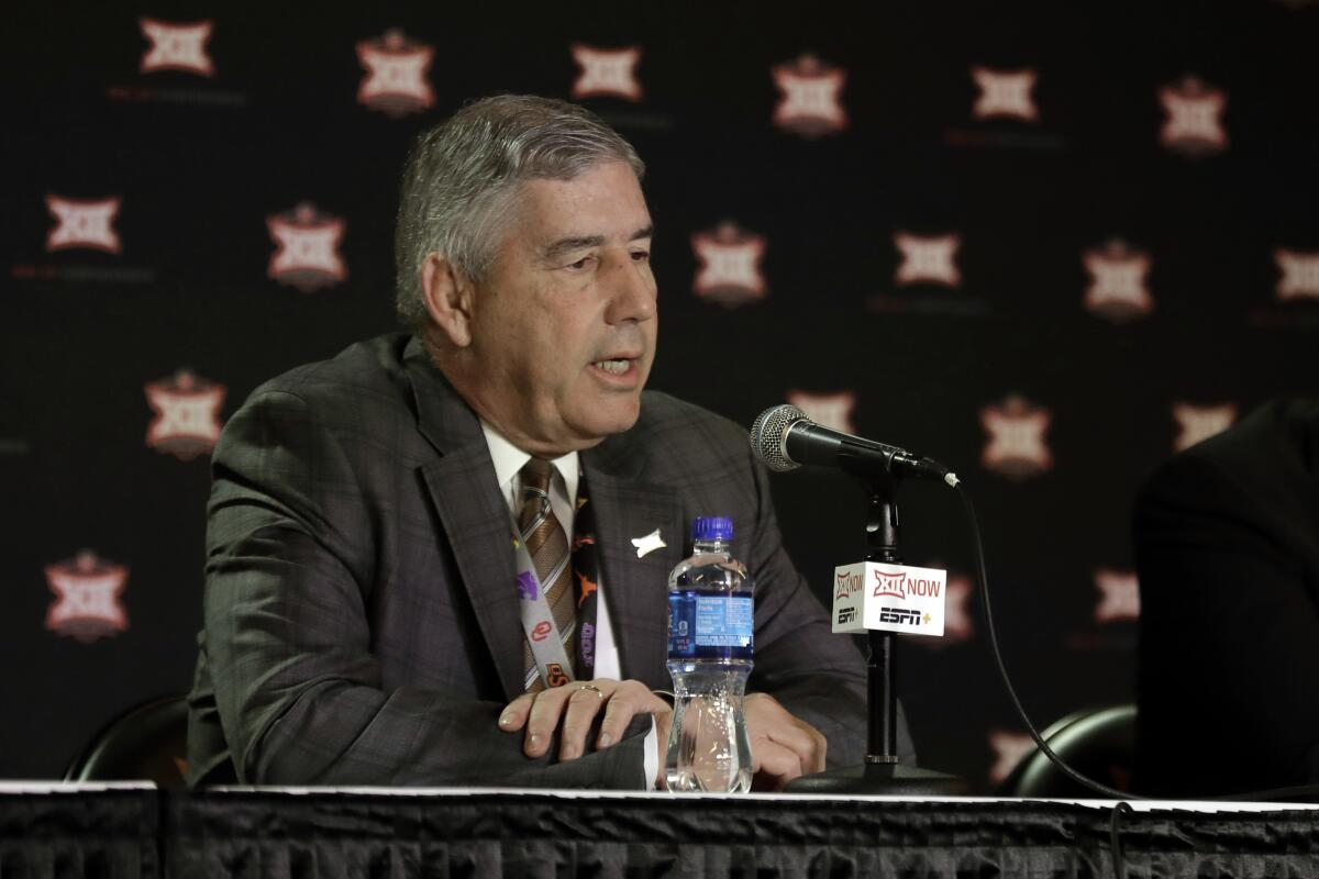 Big 12 Commissioner Bob Bowlsby addresses the media after canceling the conference basketball tournament because of the coronavirus pandemic.