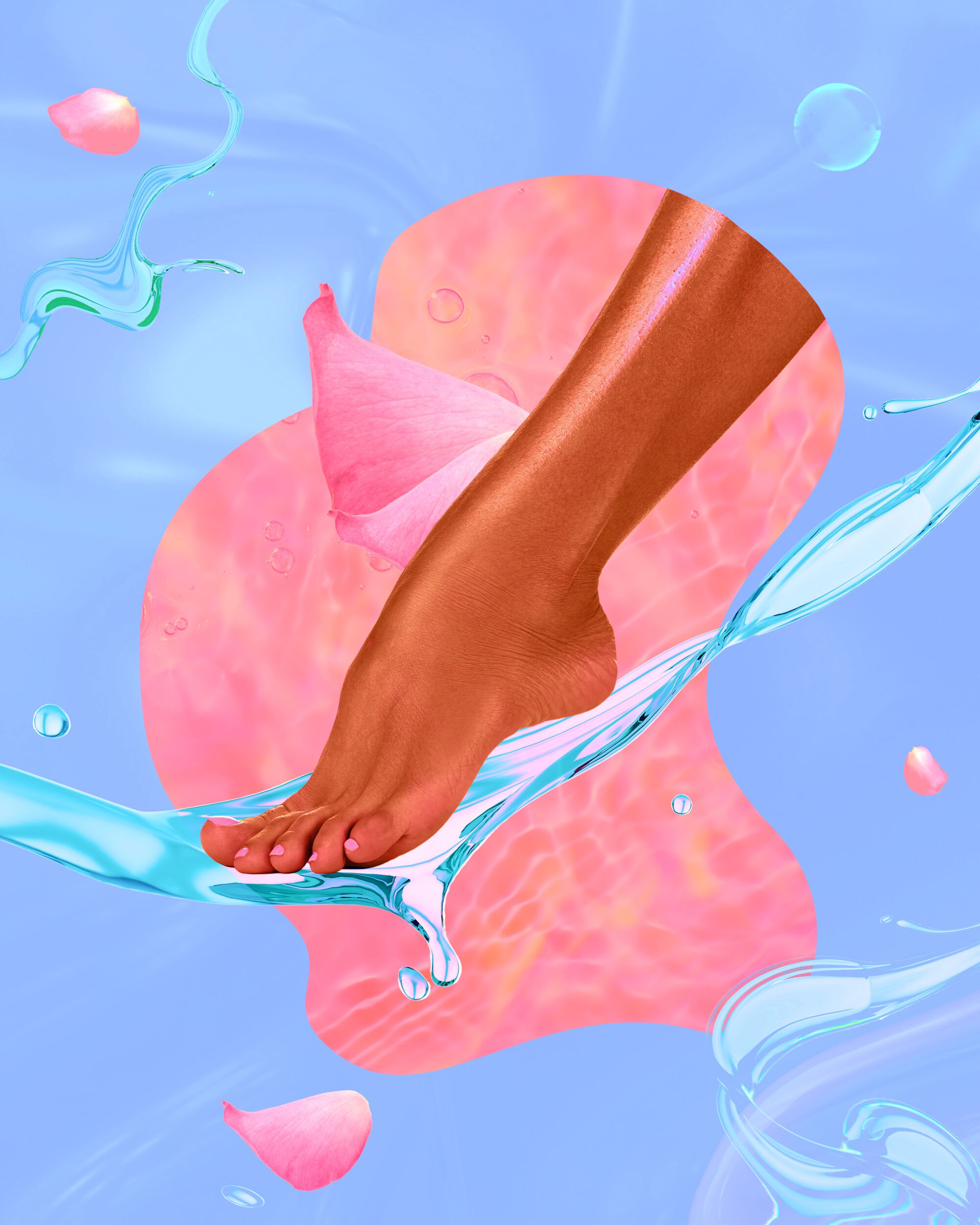 an abstract collage of a brown foot resting on a water whirlpool with pink flower petals and other water whirlpools surrounding it