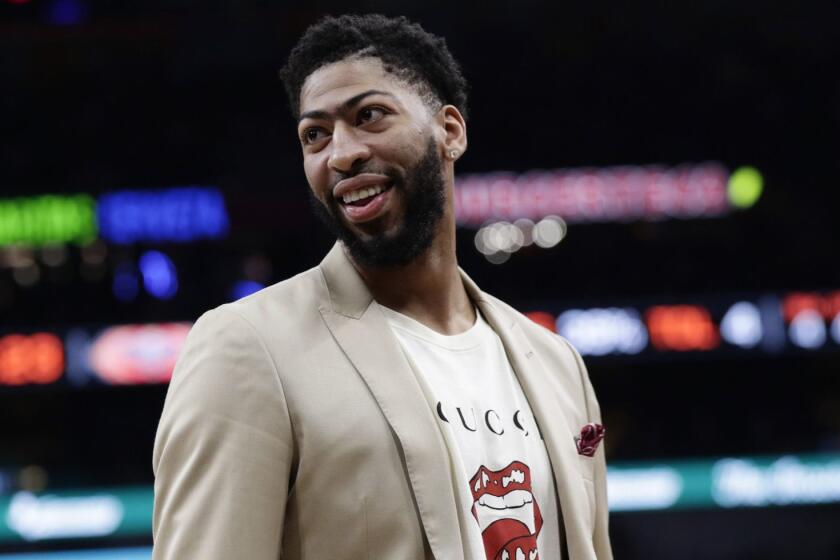 New Orleans Pelicans forward Anthony Davis (23) during the second half of an NBA basketball game against the San Antonio Spurs, in San Antonio, Saturday, Feb. 2, 2019. (AP Photo/Eric Gay)