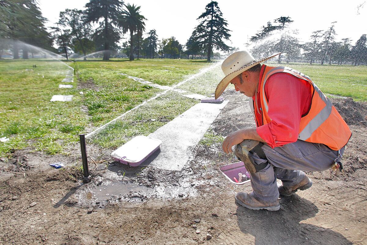 Alberto Fausto, with Valley Crest Landscape Maintenance, tests newly installed sprinklers that use reclaimed water at Valhalla Memorial Park on Friday, Feb. 26, 2016.