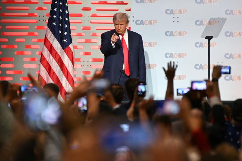 Anaheim, California - September 29: Former U.S. President Donald Trump delivers an address during the California Republican Convention on Friday, Sept. 29, 2023, in Anaheim, California. (Wally Skalij / Los Angeles Times)