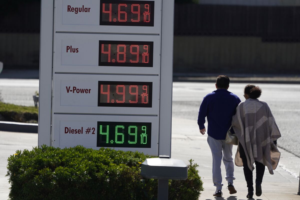 Gas prices are displayed on Jan. 28, 2022, in Santa Clarita, Calif. California's legislative leaders said Wednesday, Feb. 16, 2022, that they are reluctant to adopt Gov. Gavin Newsom's proposal to halt a gasoline tax increase scheduled to take effect July 1, saying the resulting $500 million goes to vital programs. (AP Photo/Marcio Jose Sanchez, File)