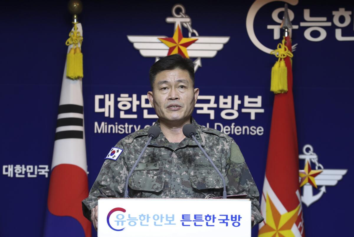 Maj. Gen. Jeon Dong Jin of South Korea's Joint Chiefs of Staff, speaks to the media Nov. 28 in Seoul.