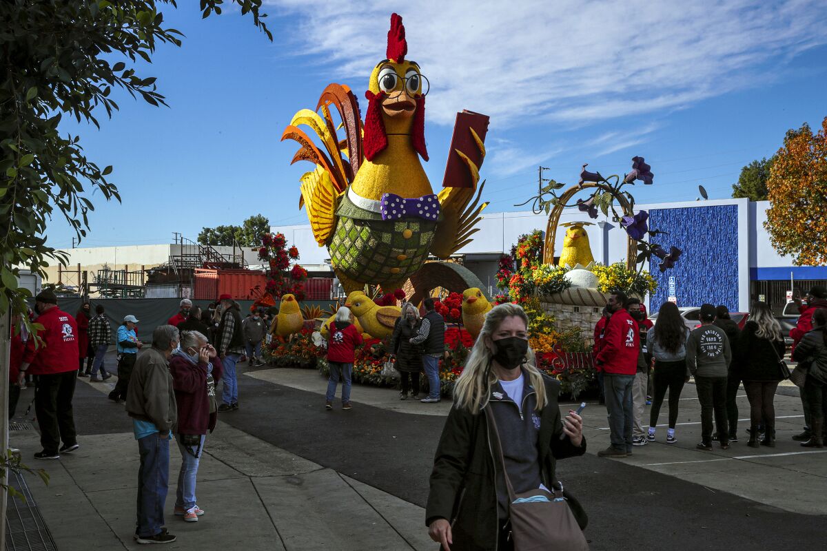 UPS float for 2022 Rose Parade sits outside at Fiesta Parade Floats on Friday in Irwindale, CA.