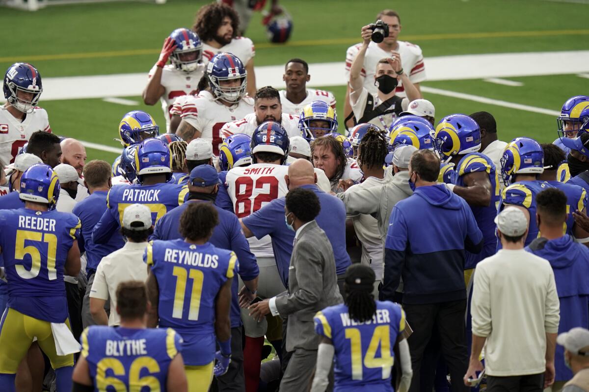 Rams cornerback Jalen Ramsey and Giants receiver Golden Tate are at the center of this postgame scuffle.