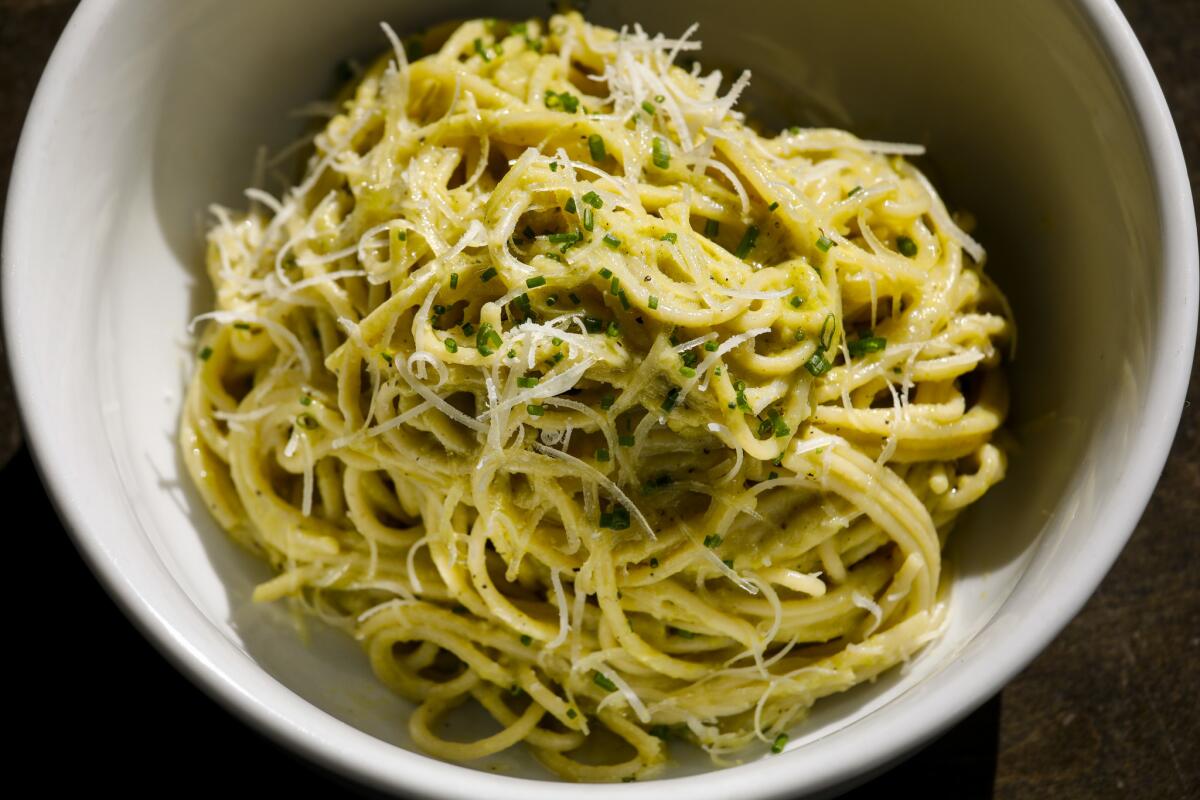 New Mexico green Hatch spaghetti, with garlic cream, Hatch chile, chives and pecorino cheese.