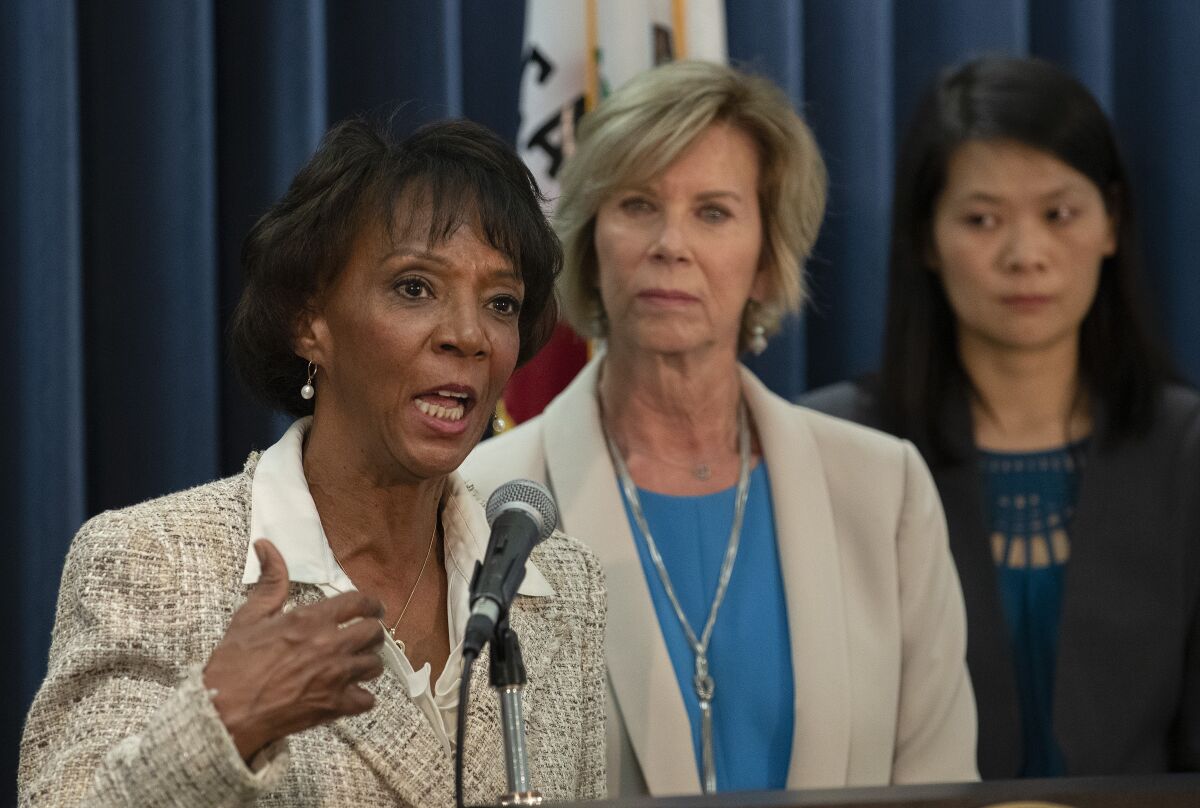Los Angeles County Dist. Atty. Jackie Lacey speaks at a news conference.