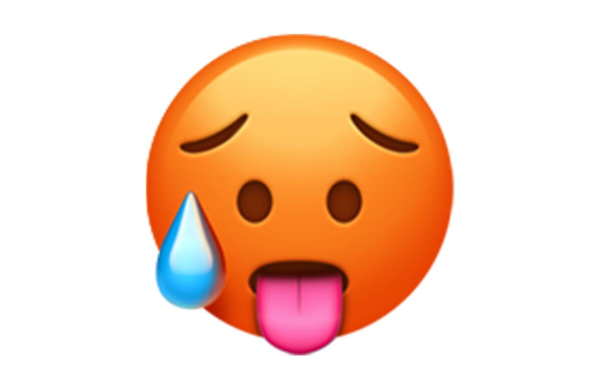 A close up of the hot-face emoji from Apple