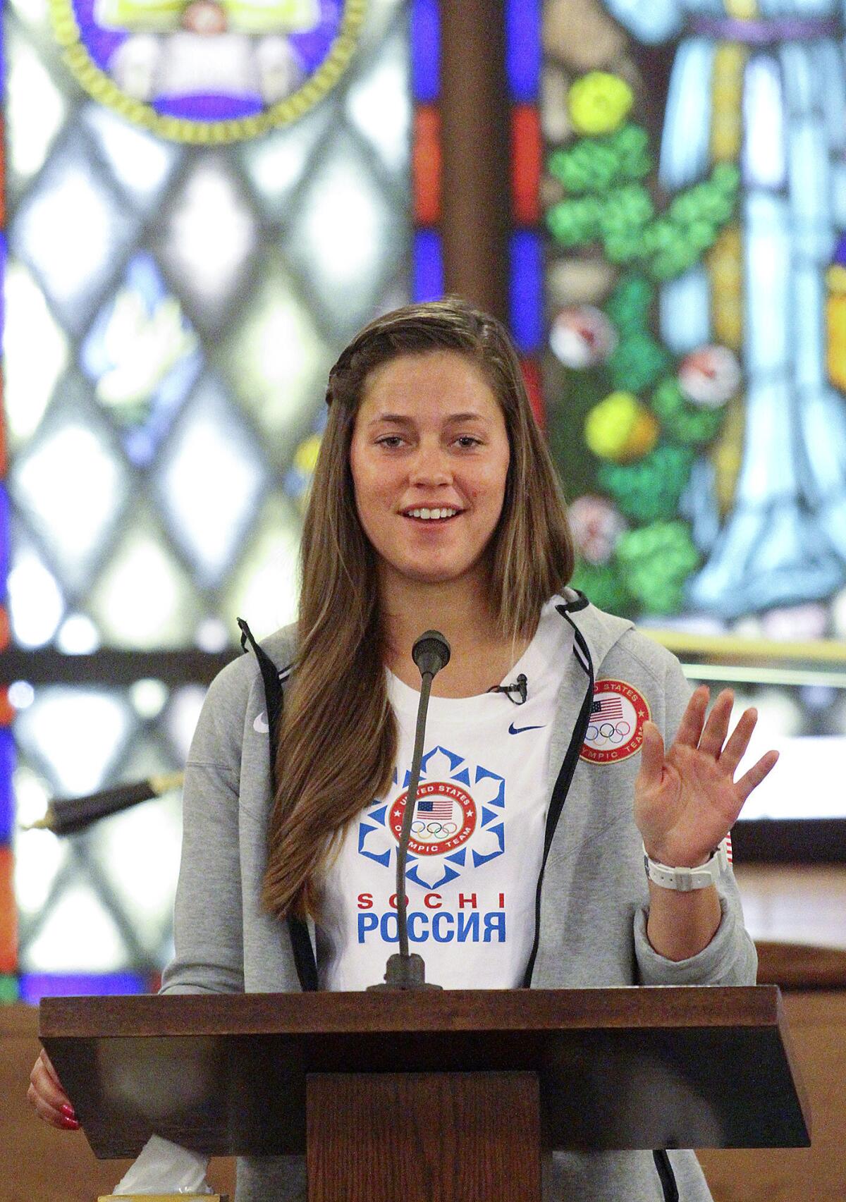 Olympian Kate Hansen speaks at the The Church of Jesus Christ of Latter-day Saints in La Canada Flintridge on Wednesday, April 16, 2014.