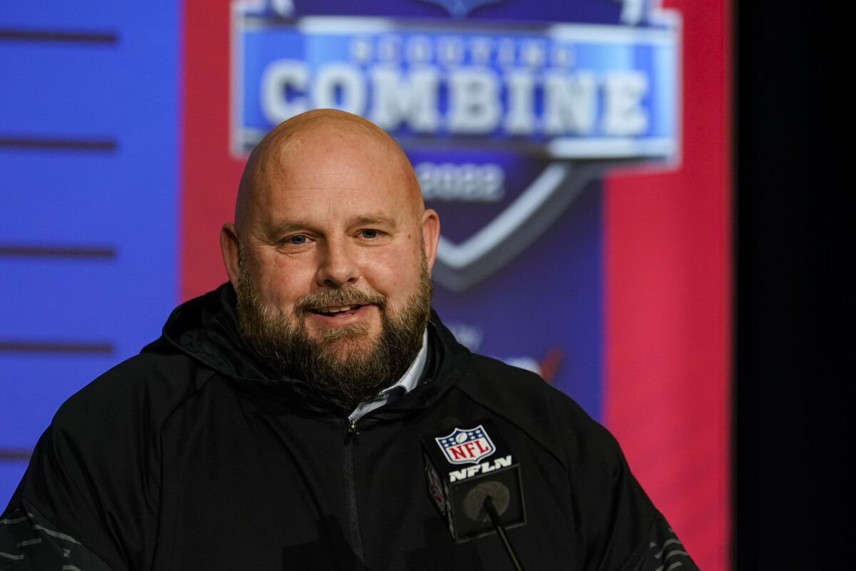 New York Giants head coach Brian Daboll speaks during a press conference at the NFL football scouting combine in Indianapolis, Tuesday, March 1, 2022. (AP Photo/Michael Conroy)