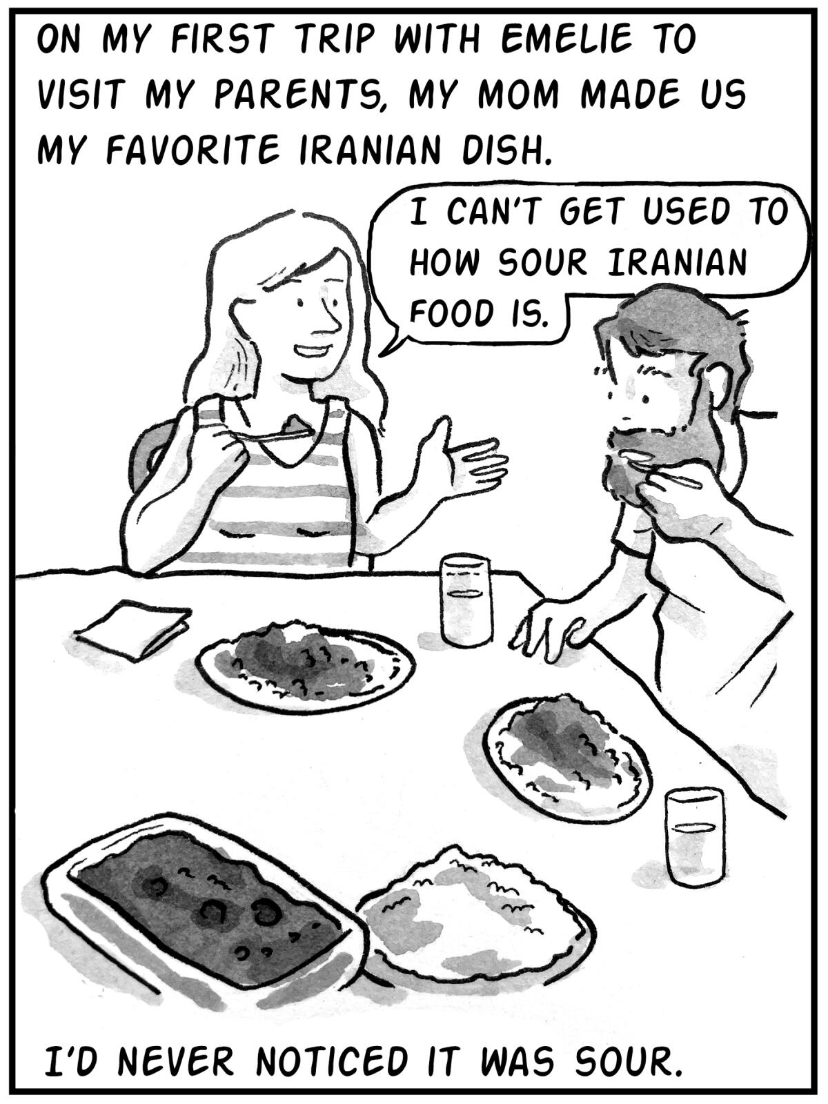 On my first trip with Emelie to visit my parents, my mom made us my favorite Iranian dish. I'd never noticed it was sour.