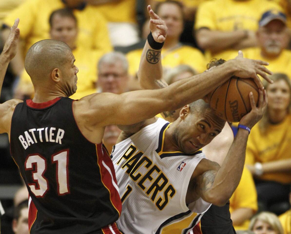 Miami Heat's Battier guards Indiana Pacers' Jones duringg the second quarter of Game 6 of their NBA Eastern Conference second round basketball playoff series in Indianapolis