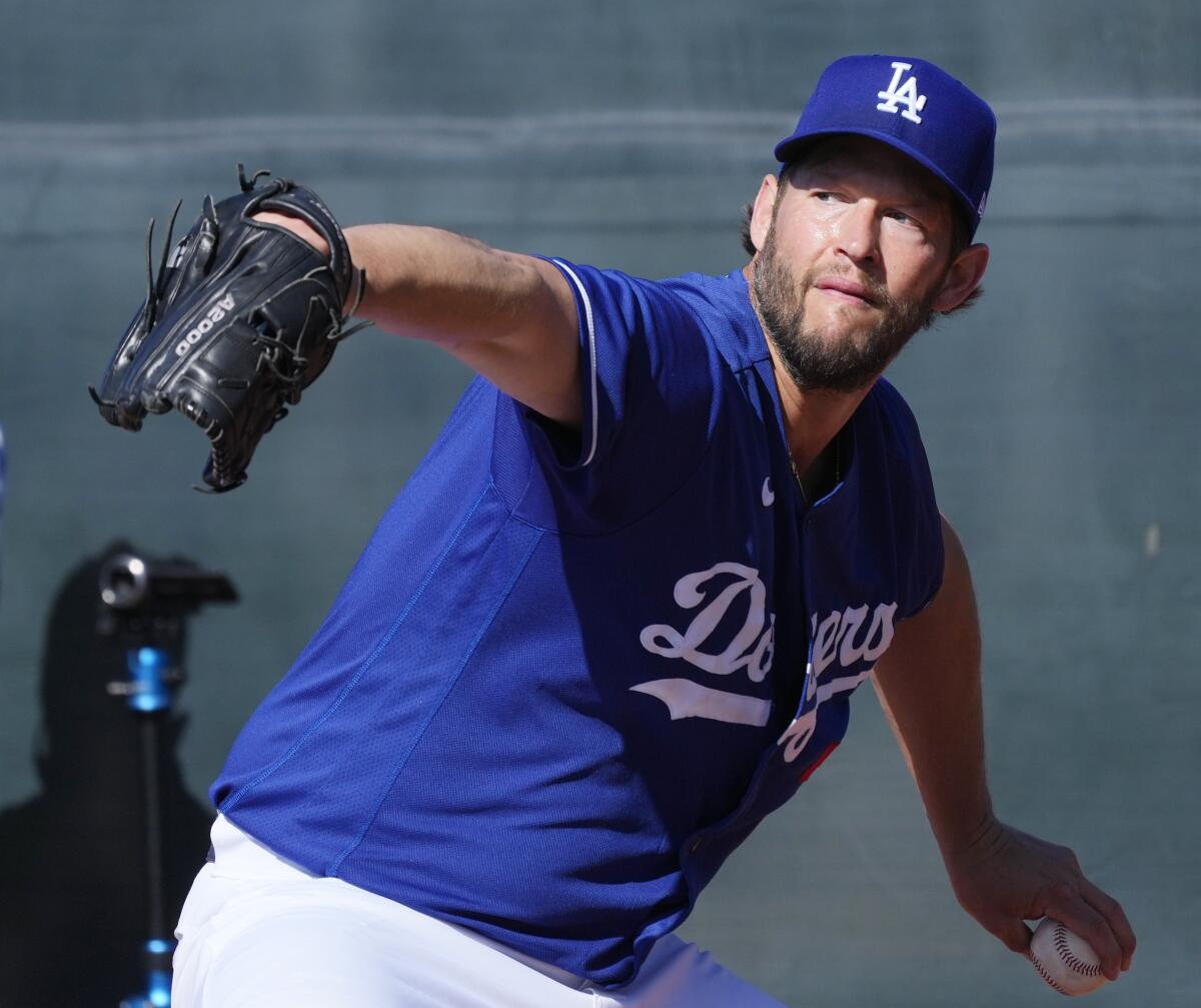 Dodgers starting pitcher Clayton Kershaw throws during the first day of spring training 