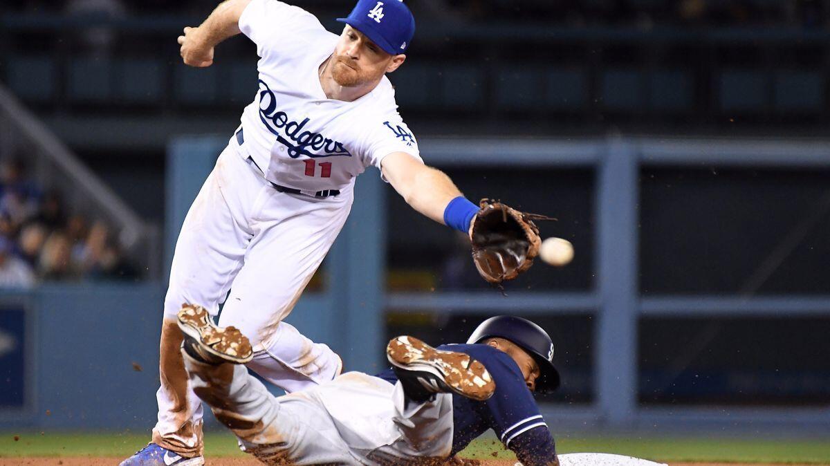 Dodgers second baseman Logan Forsythe (11) can't handle an errant throw from catcher Yasmani Grandal as San Diego Padres base runner Manuel Margot slides safely into second base at Dodger Stadium Tuesday.