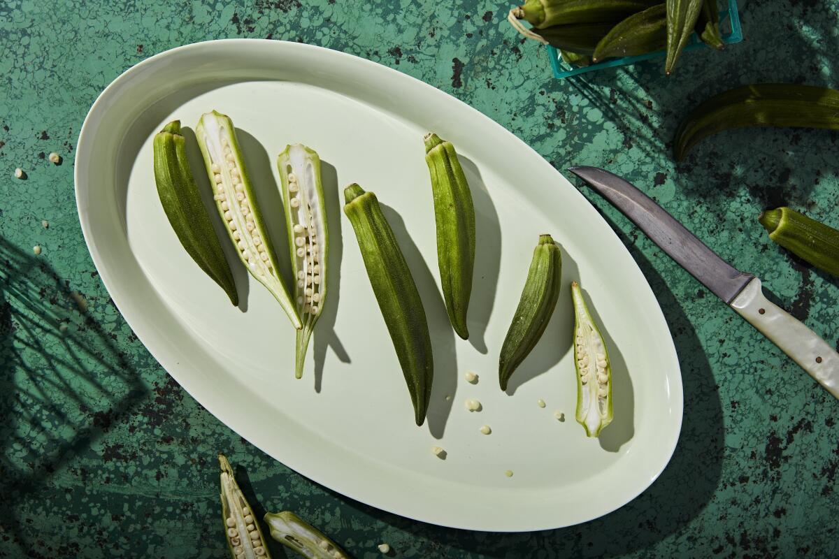 LOS ANGELES, CALIFORNIA, July 16, 2021: Fresh okra for Ben Mims' okra recipes story