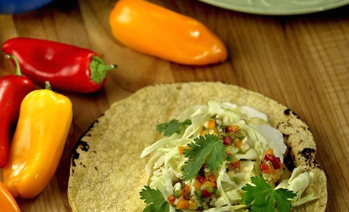 Grilled halibut soft tacos with a lime-garlic vinaigrette. Recipe: Halibut tacos