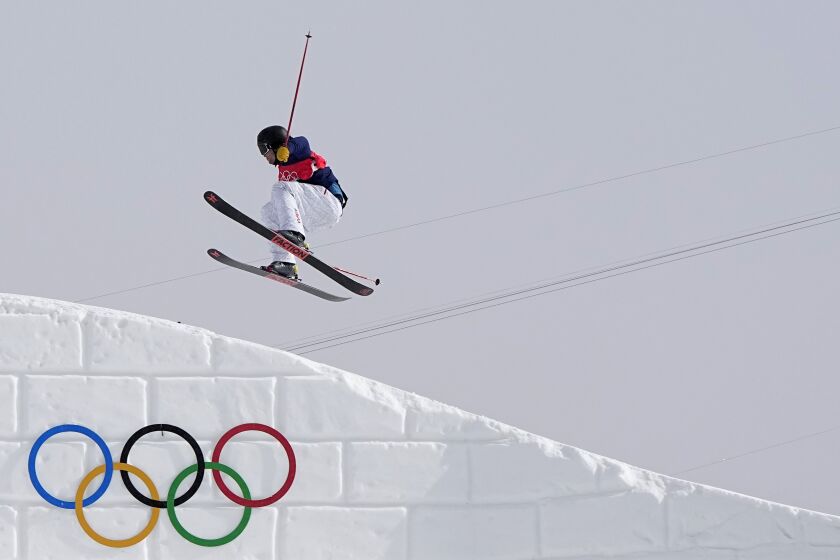 United States' Alexander Hall competes during the men's slopestyle qualification at the 2022 Winter Olympics, Tuesday, Feb. 15, 2022, in Zhangjiakou, China. (AP Photo/Gregory Bull)