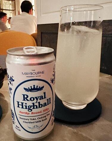 A canned highball at the bar at the Maybourne Hotel in Beverly Hills.