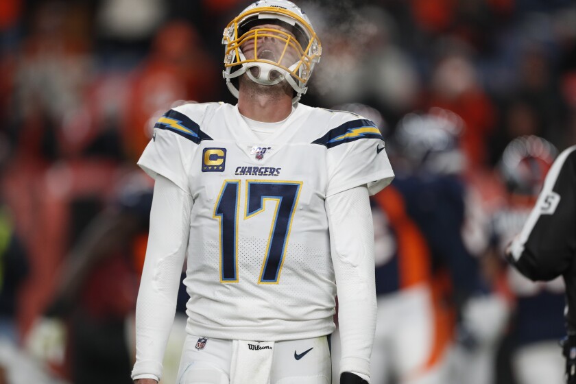Los Angeles Chargers quarterback Philip Rivers reacts during the second half of Sunday's game against the Denver Broncos.