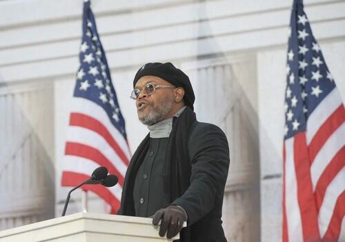 Actor Samuel Jackson speaks at the We Are One concert at the Lincoln Memorial.