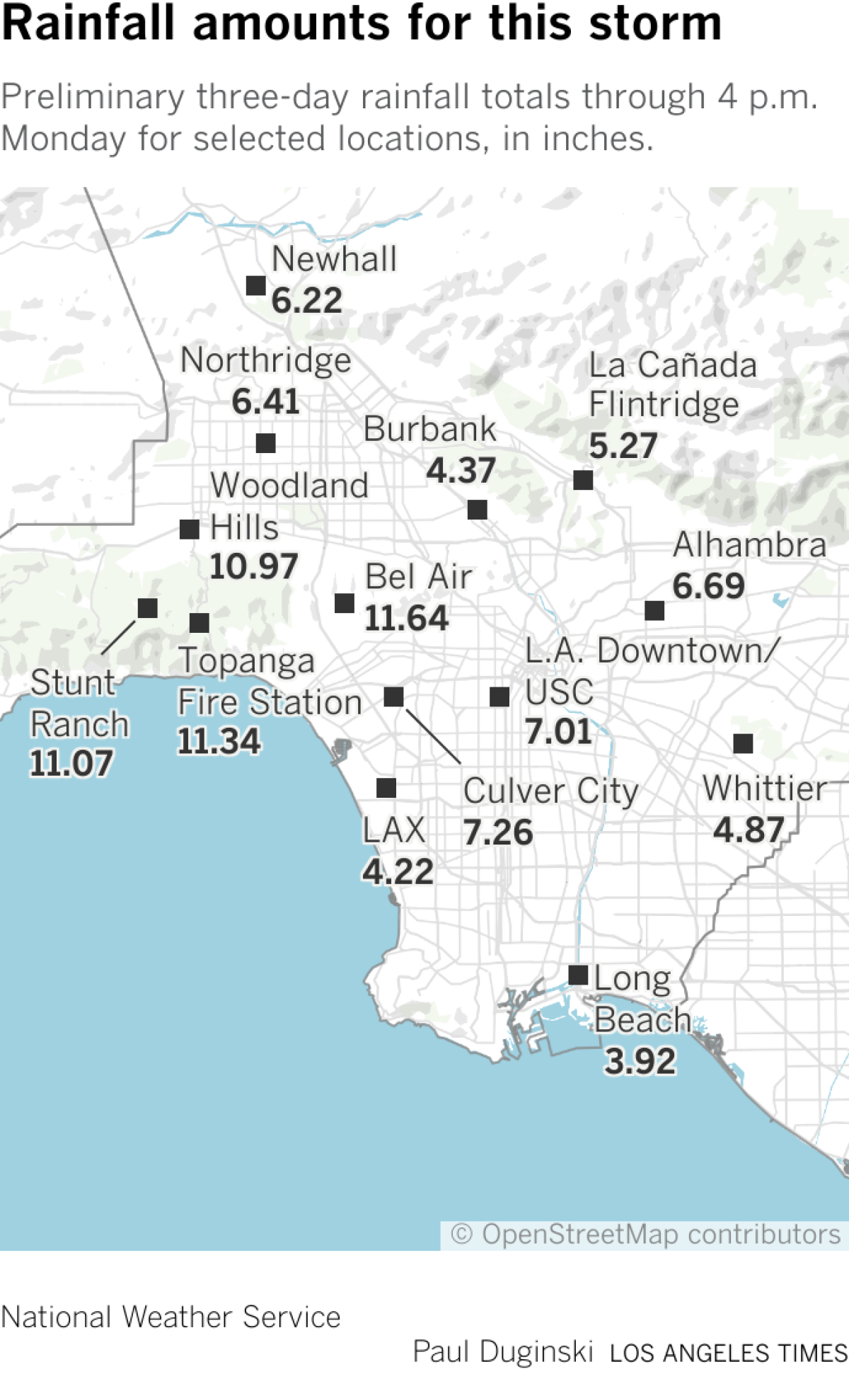Preliminary rainfall amounts for current storm through 10 a.m. Monday.