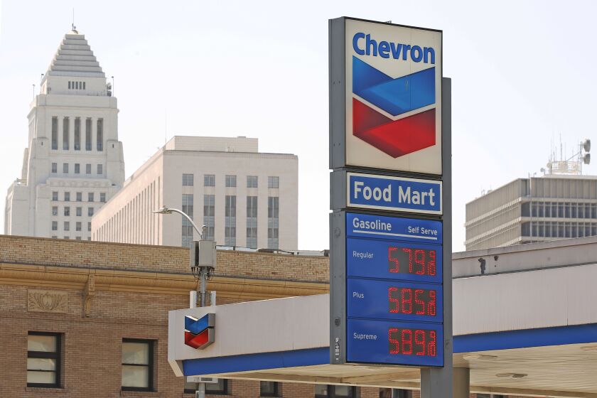 LOS ANGELES, CA - OCTOBER 02, 2019 Over $5 dollars for each grade of gasoline at a Chevron gas station located at Cesar E Chavez and Alameda Streets in downtown Los Angeles on October 2, 2019 after two weeks of daily price hikes that have sent the average price of a gallon of self-serve regular gasoline soaring, even in outlying areas where prices are usually cheaper. (Al Seib / Los Angeles Times)