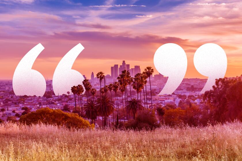 photo of Los Angeles in gold and violet with two giant parentheses framing the city.