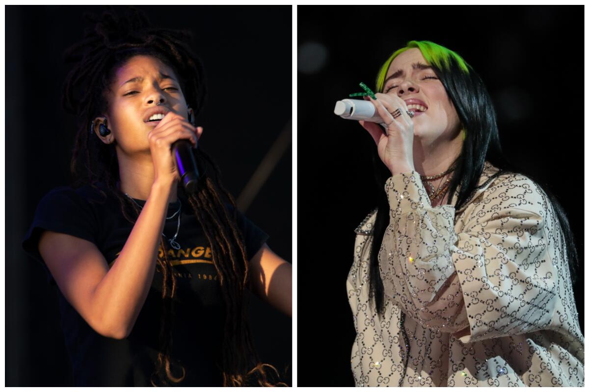 A split image of two women singing into microphones