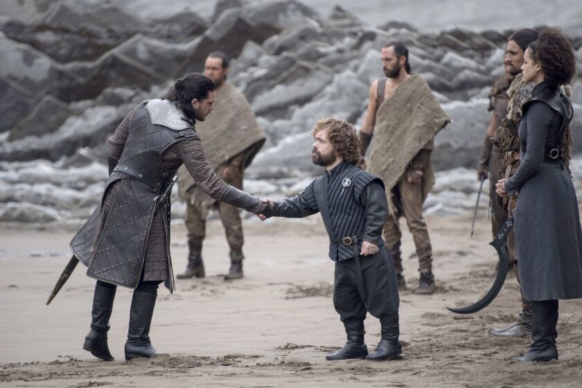 Tyrion Lannister and Jon Snow meet at Dragonstone in the penultimate season of "Game of Thrones." MUST CREDIT: HBO ** Usable by LA, BS, CT, DP, FL, HC, MC, OS, SD, CGT and CCT **