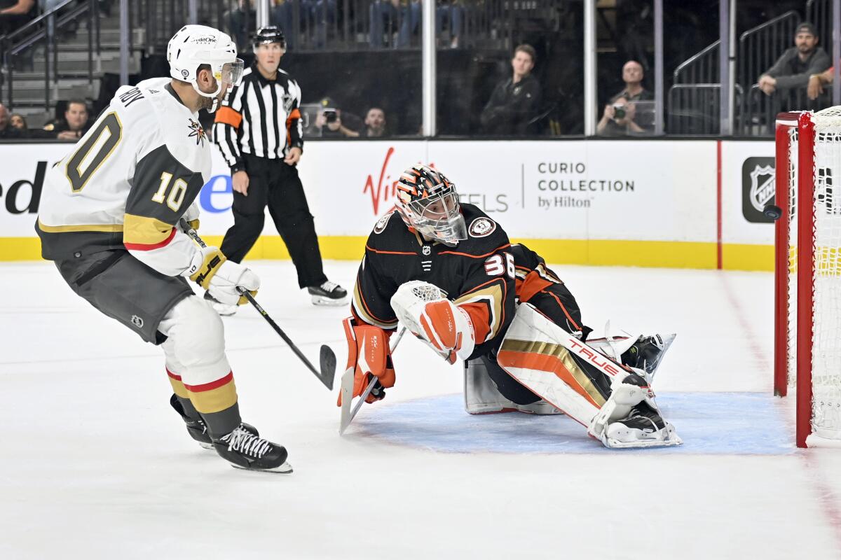 Vegas Golden Knights center Nicolas Roy scores on Ducks goaltender John Gibson.