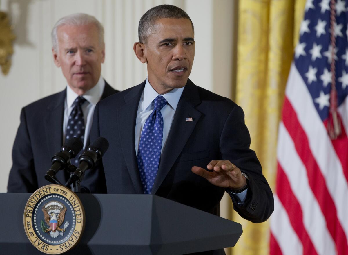 President Obama, accompanied by Vice President Joe Biden, speaks in the White House before signing a memorandum creating a task force on campus rapes.