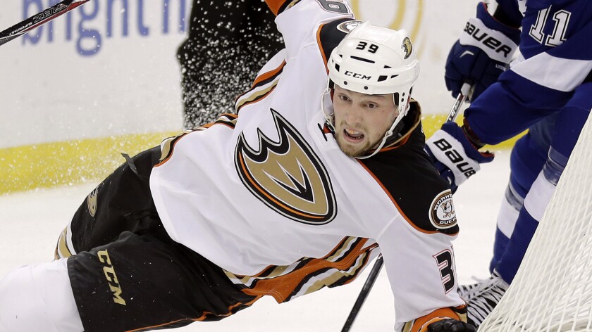 Ducks left wing Matt Beleskey falls while chasing the puck during a game against the Tampa Bay Lightning on Feb. 8.