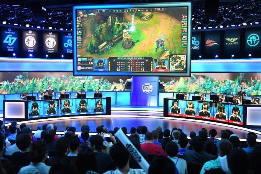 Teams compete in the "League of Legends" championship series at NA LCS Studio in Los Angeles on June 18.