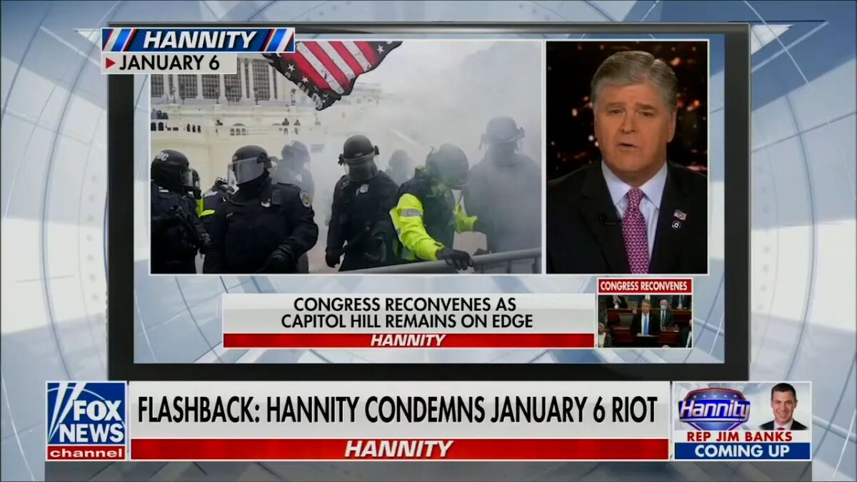 Sean Hannity is shown on his Fox News program.