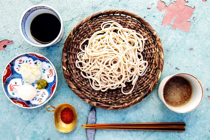 LOS ANGELES, CA - DECEMBER 30: Soba noodles with both plain and ground walnut dipping sauce from Sonoko Sakai in Highland Park on Wednesday, Dec. 30, 2020 in Los Angeles, CA. (Mariah Tauger / Los Angeles Times)