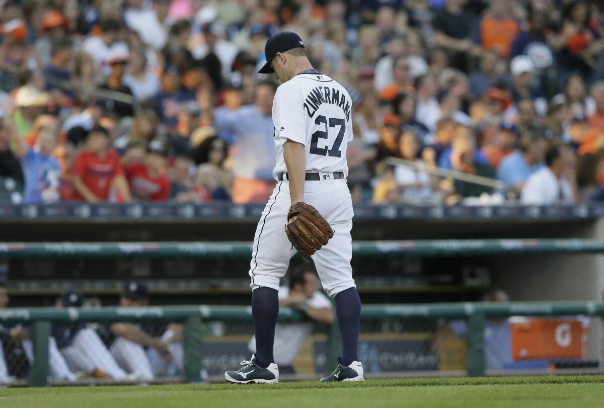 Tigers pitcher Jordan Zimmermann walks to the dugout after being relieved during the fourth inning on June 24.