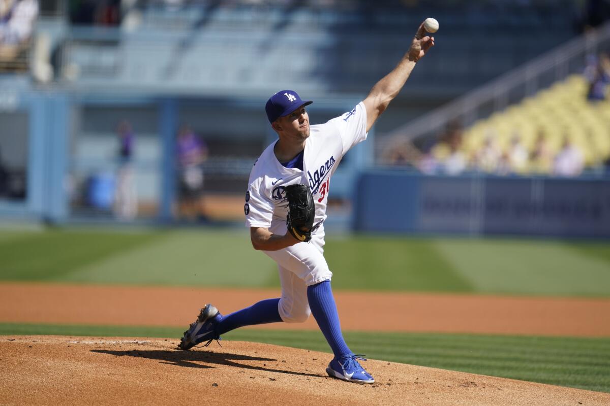 Dodgers starting pitcher Tyler Anderson delivers a pitch a Dodger Stadium.