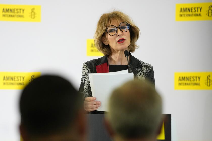 EMBARGOED UNTIL 00.01 UTC APRIL 24,2024 Agnes Callamard, Secretary General of Amnesty International, speaks at a press conference in London, ahead of the launch of 'The State of the World's Human Rights', its annual report on the global human rights situation, Tuesday, April 23, 2024. The report will be published on Wednesday April 24, covering 155 countries and including regional and global analyses, it provides the most comprehensive overview of human rights trends and developments in the world today. (AP Photo/Kirsty Wigglesworth)