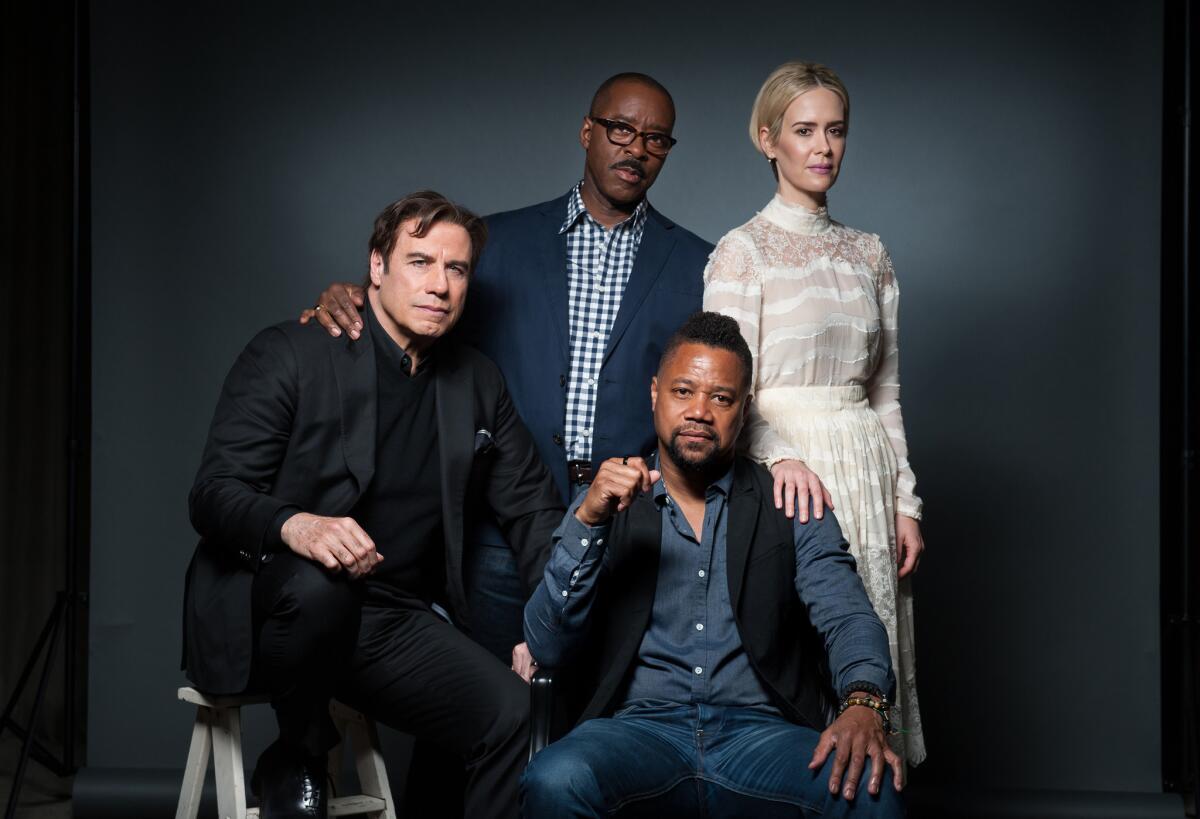 "The People v. O.J. Simpson" cast members, clockwise from left, John Travolta, Courtney B. Vance, Sarah Paulson and Cuba Gooding Jr. gather for a conversation.