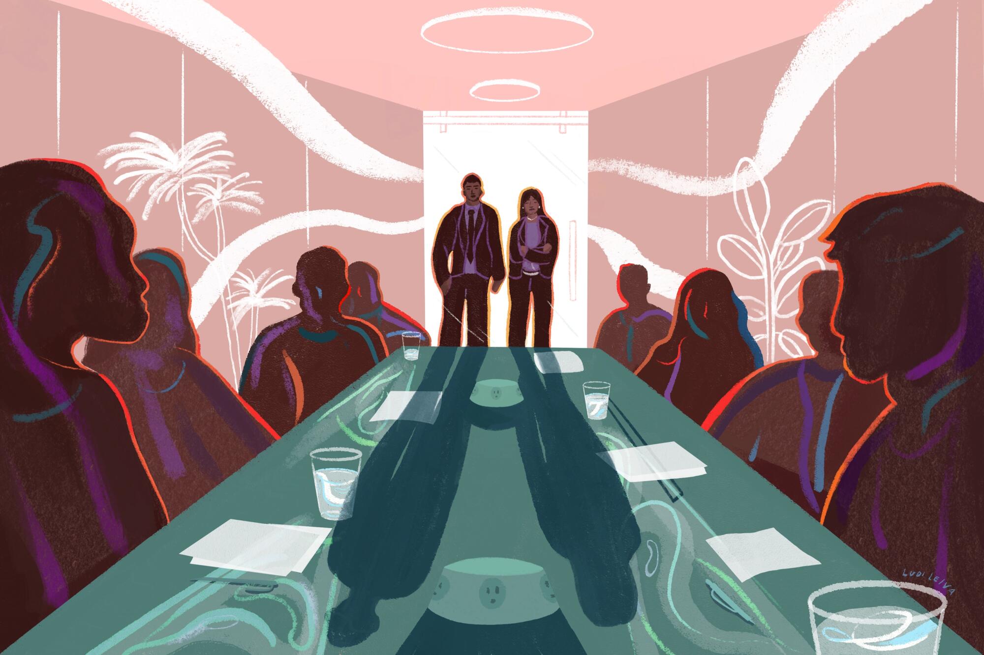 An illustration of people sitting around a long table. Two others stand at the end of the table, looking in from the outside.