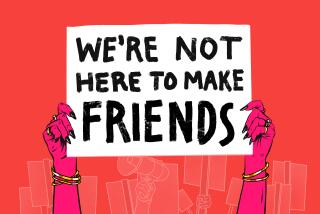 Illustration of a woman's arms holding a sign reading "We're not here to make friends"