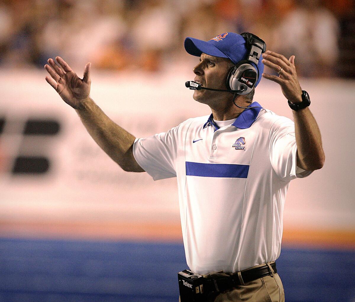 Boise State will get its first opportunity to face former coach Chris Petersen, seen here during a 2011 game against Tulsa, when the Broncos play Washington in the season opener.