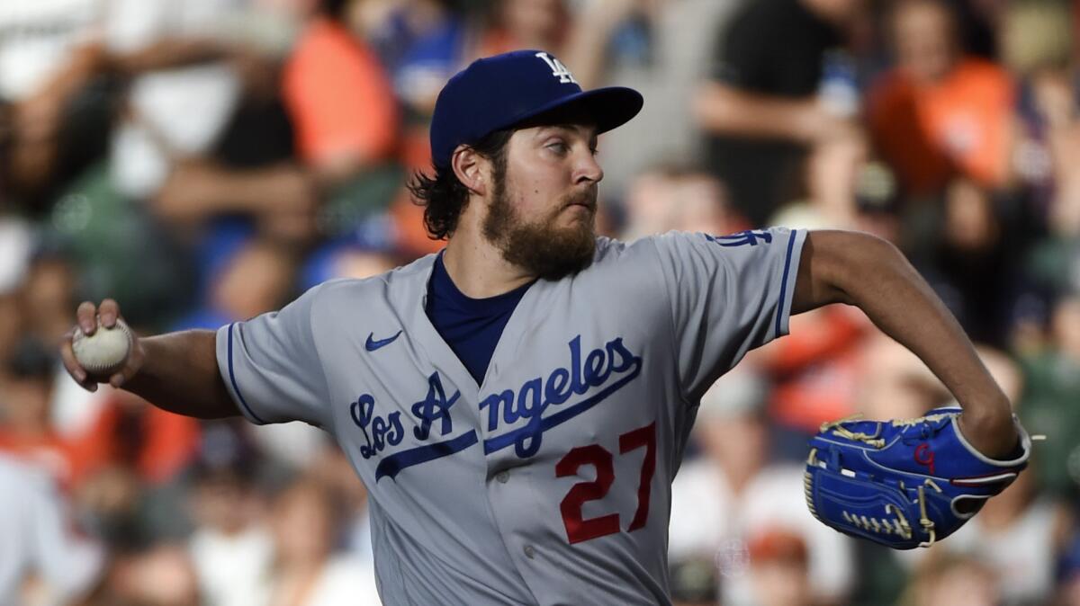 Dodgers pitcher Trevor Bauer about to deliver a pitch.