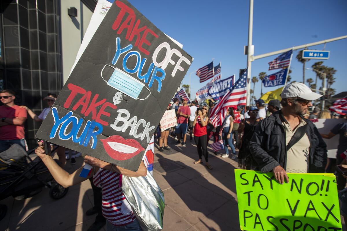 An anti-mask "freedom march" was held in Huntington Beach in June 2021, the night before state mandates were lifted.