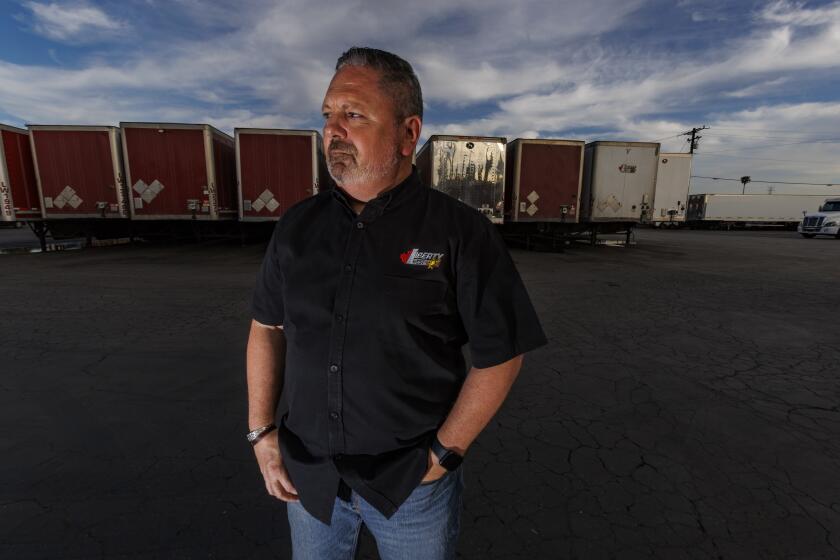 MONTEBELLO, CA - APRIL 3, 2026: Greg Dubuque, general manager of Liberty Linehaul West, a third generation tucker, who operates 40 trucks is feeling the pain of high fuel prices on April 3, 2026 in Montebello, CA. The rising cost of fuel is crushing small fleet truckers in California, who are paying 30% more in gasoline costs.(Gina Ferazzi / Los Angeles Times)