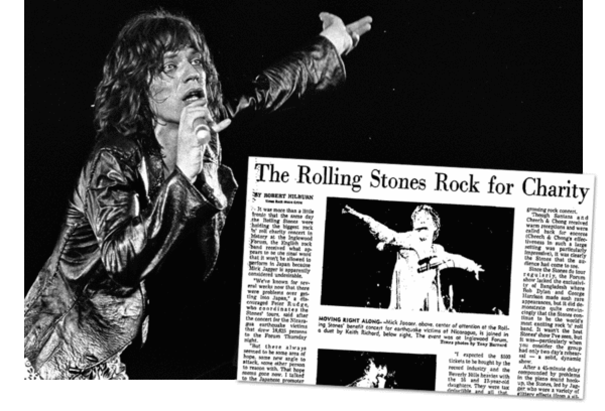 Mick Jagger, of the Rolling Stones performs at the forum during a July 11, 1975 concert. This photo is from a concert that took place after the Jan. 1975 charity concert reviewed above.