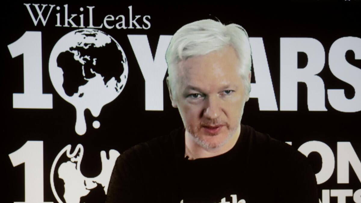 WikiLeaks founder Julian Assange participates in an Oct. 4 news conference via video link from the Ecuadoran embassy in London, where he fled after Sweden issued a warrant for his arrest based on sexual assault allegations.